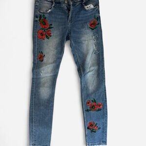 Embroidered Red Floral Skinny Jeans - Women